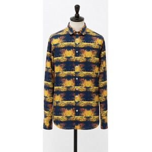 Aglini Mens Landscape Print Button Down Shirt Made in Italy Yellow Blue Size 46